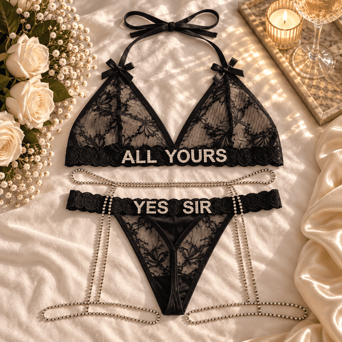Zwarte gepersonaliseerde strass lingerieset